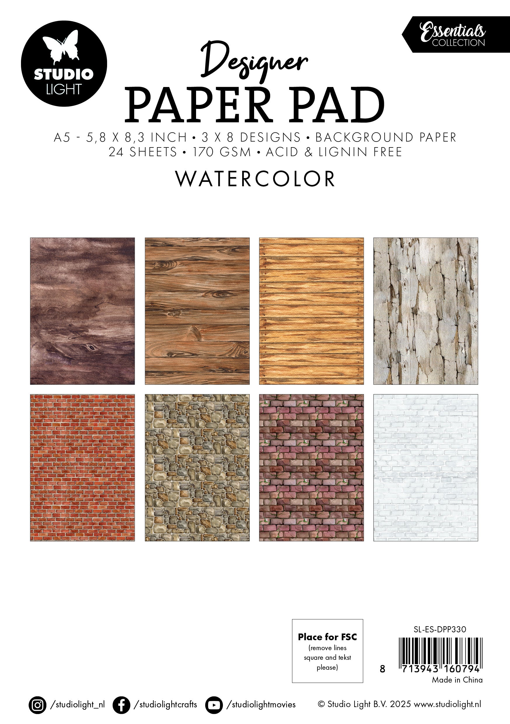 Studio Light Essentials designpapir Watercolor 24 ark akvarell