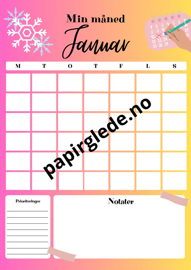 Papirglede Min måned årskalender A4 pdf rosa-gul