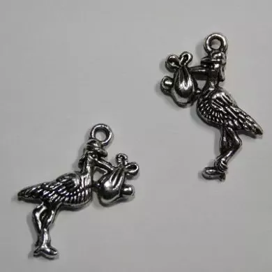 Korthobby Stork sølv metallcharm dåp