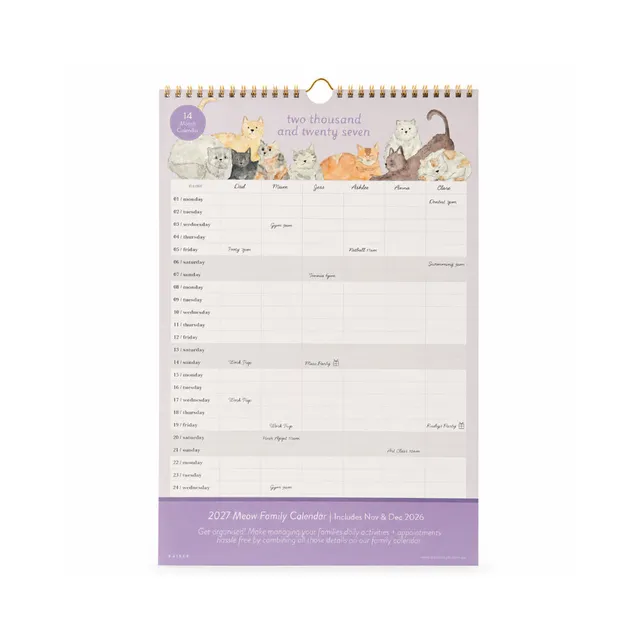 KaiserCraft Meow familiekalender 2027 14 måneder katt