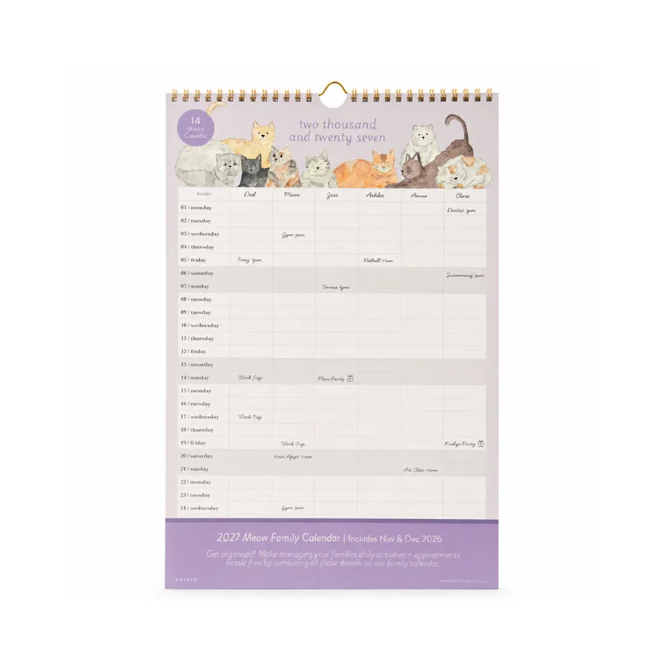 KaiserCraft Meow familiekalender 2027 14 måneder katt