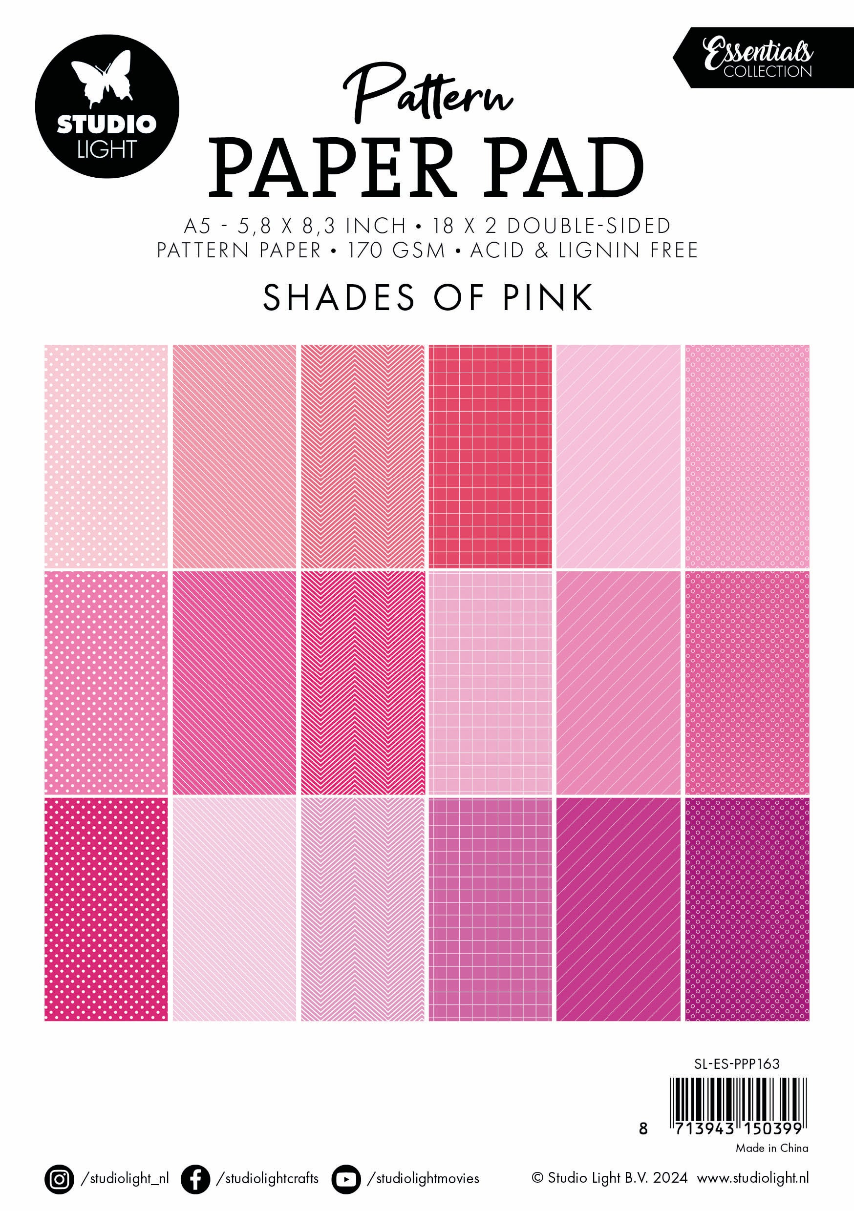 Studio Light Essentials mønsterpapir rosa A5 36 ark