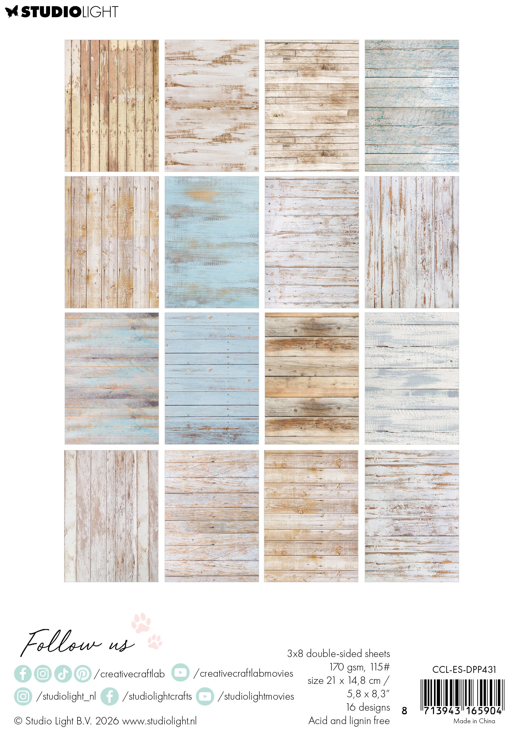 Creative Craftlab Essentials designpapir Shabby wood 24 ark