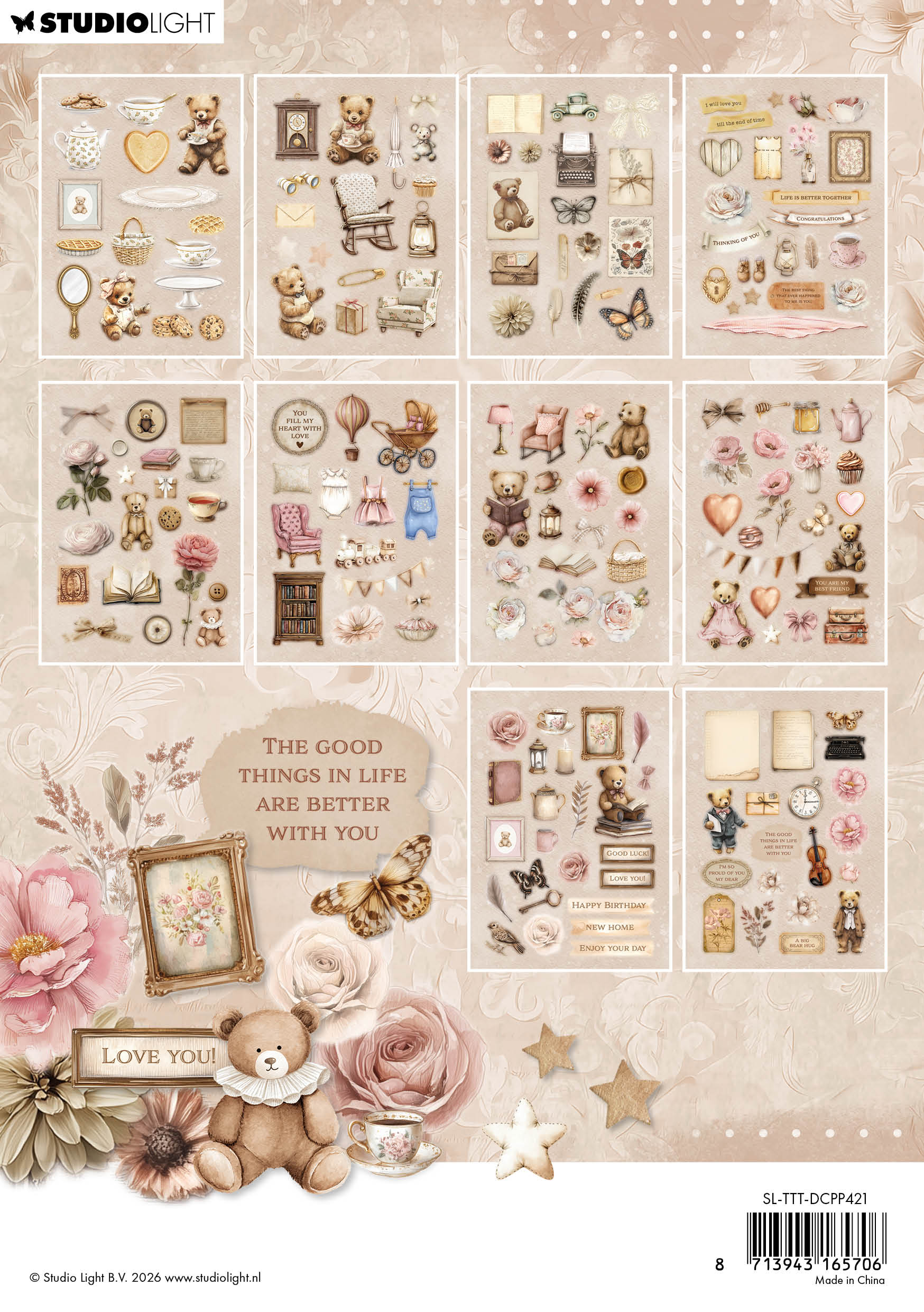 Studio Light Teddy's Tea Time die-cut-blokk 20 ark 300+ deler