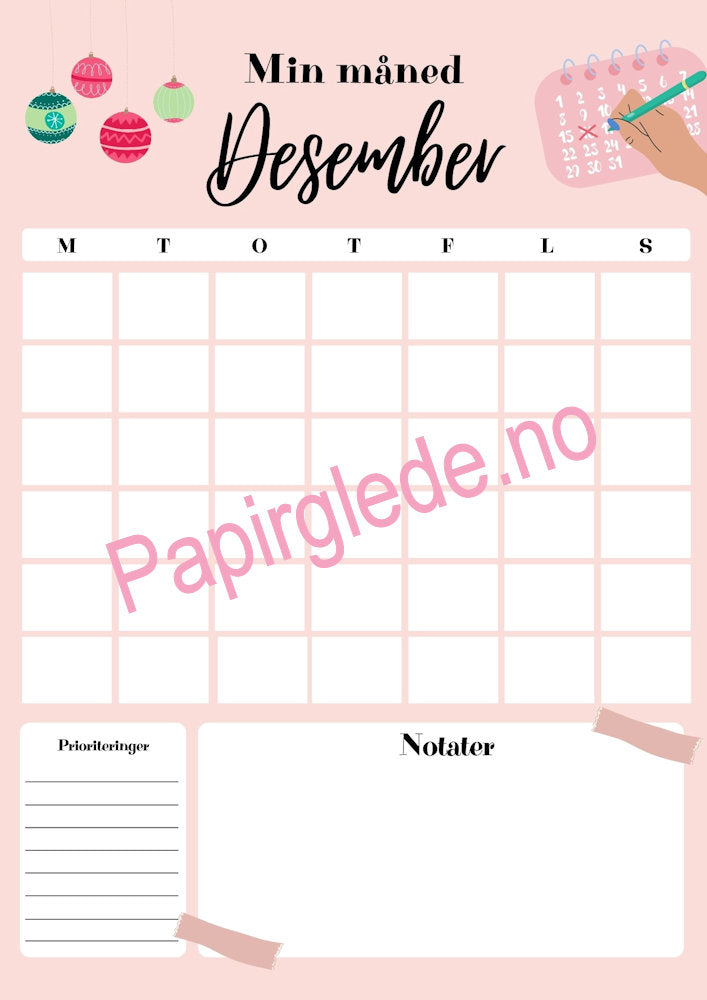 Papirglede Min måned årskalender A4 pdf 12 ark rosa udatert