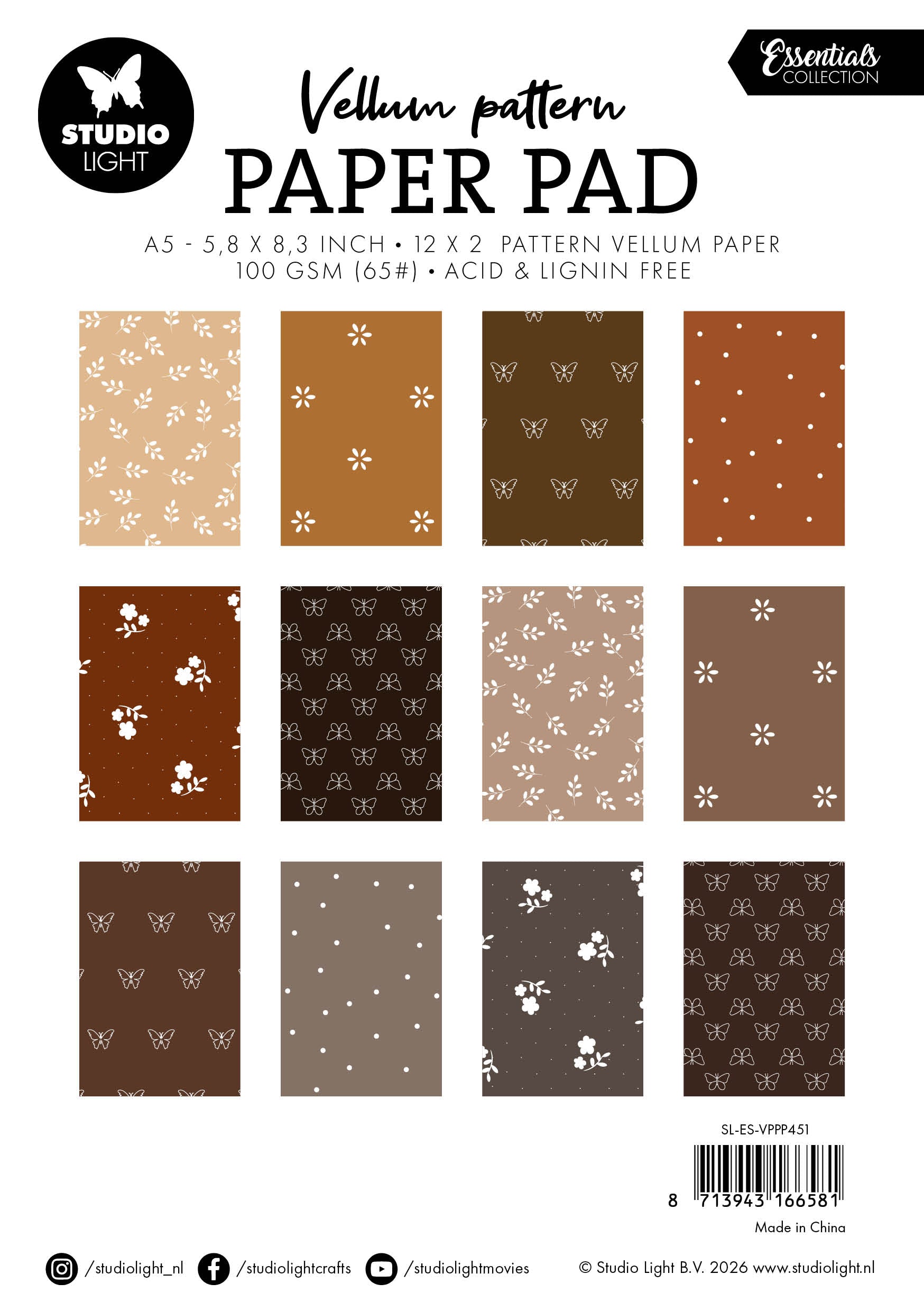Studio Light Essentials vellumblokk Spring brown print