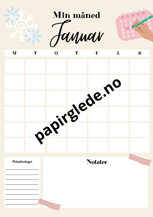 Papirglede Min måned årskalender A4 pdf beige