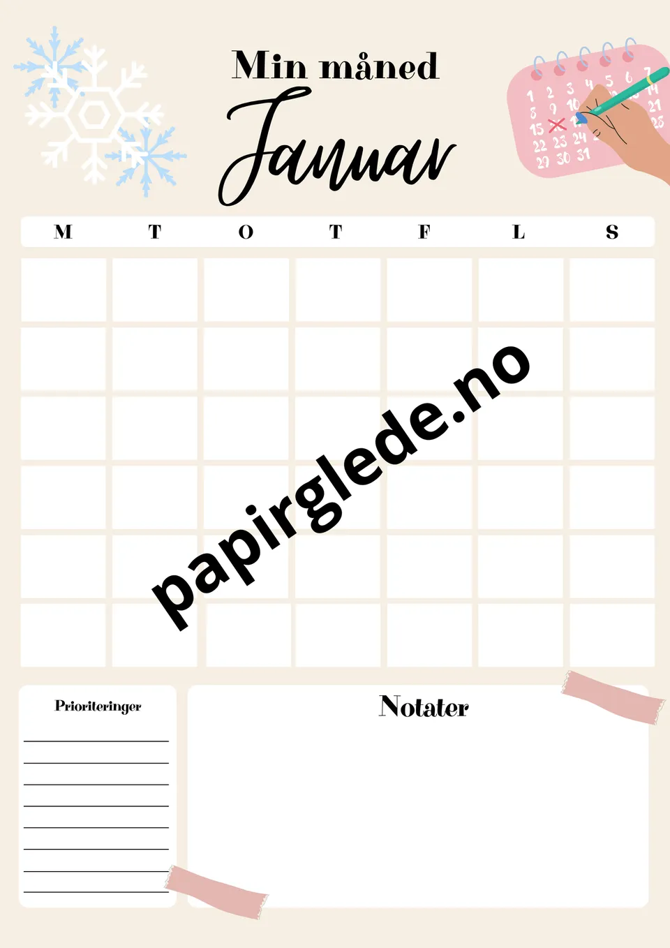 Papirglede Min måned årskalender A4 pdf beige
