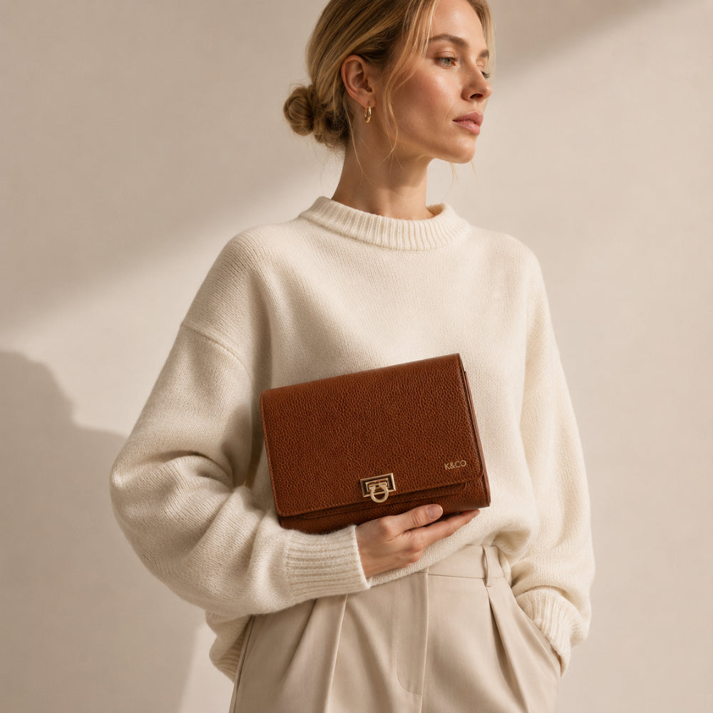 KaiserCraft K&Co Clasp lommebok clutch tan ekte skinn