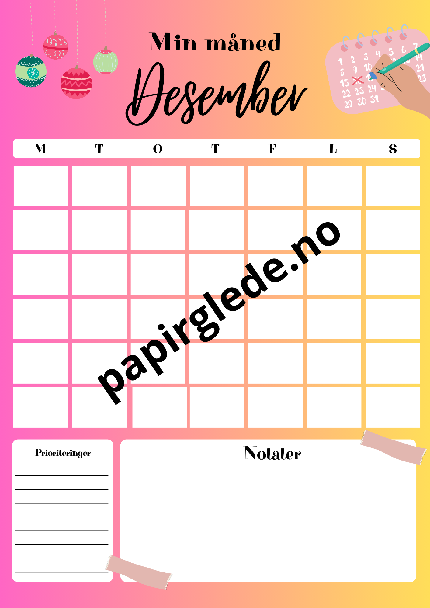 Papirglede Min måned årskalender A4 pdf rosa-gul
