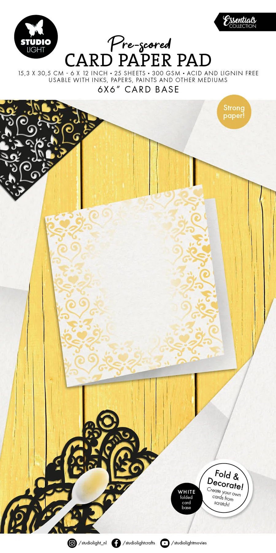 Studio Light Essentials Card Paper Pad kortbase 6x6" hvit falslet