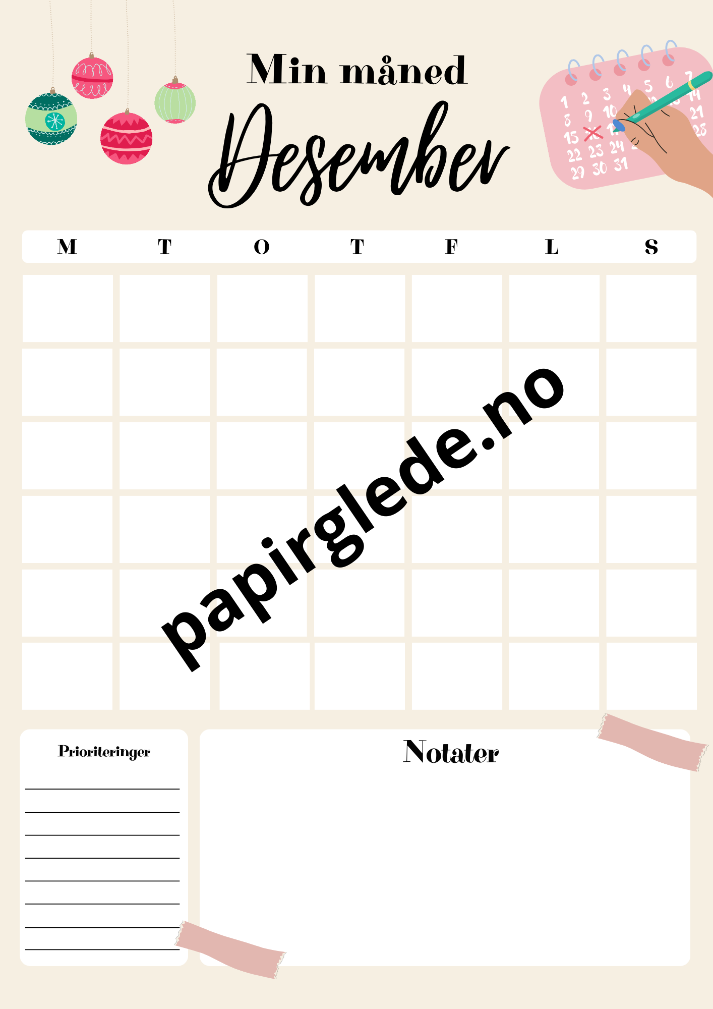 Papirglede Min måned årskalender A4 pdf beige