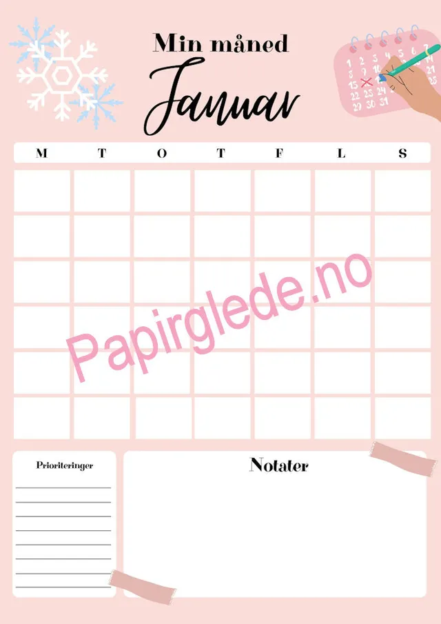 Papirglede Min måned årskalender A4 pdf 12 ark rosa udatert