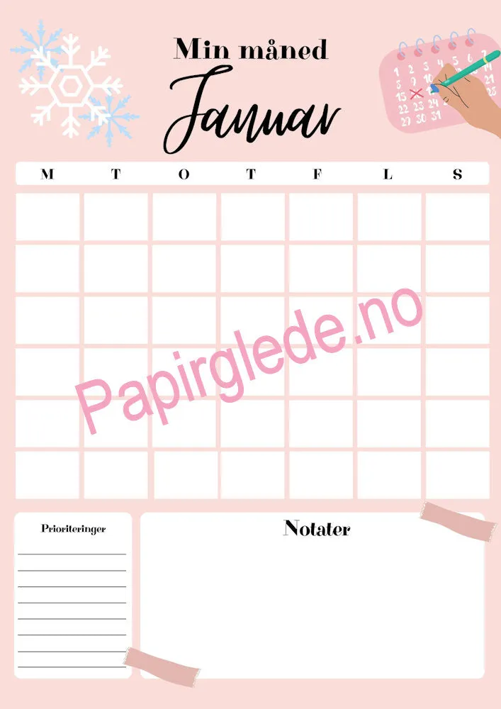 Papirglede Min måned årskalender A4 pdf 12 ark rosa udatert