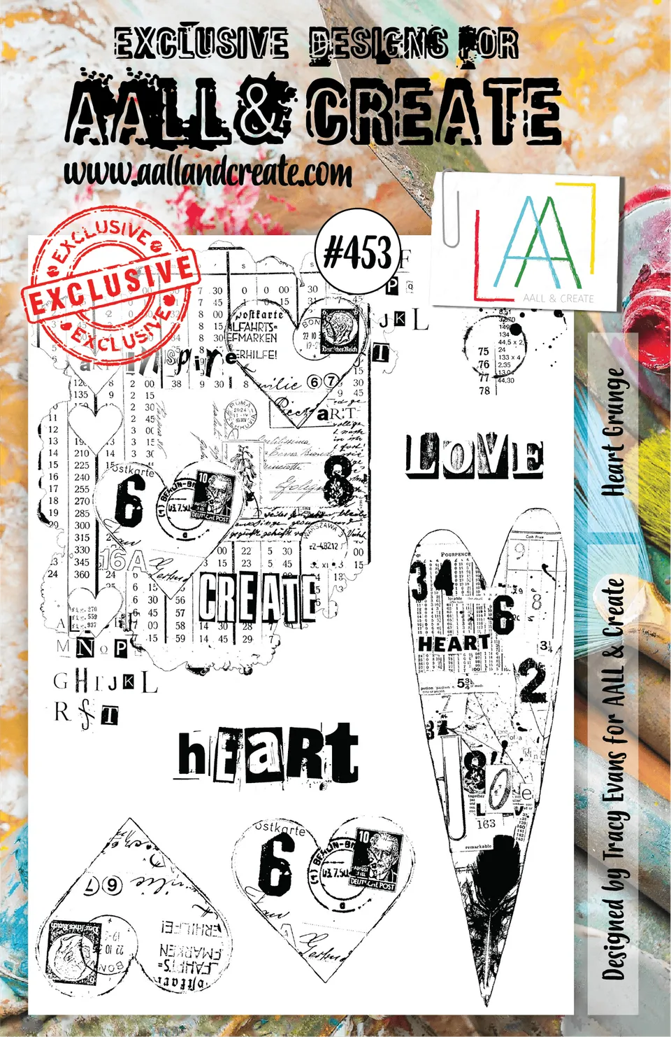 AALL & Create 453 Heart Grunge stempelsett A5 hjerter