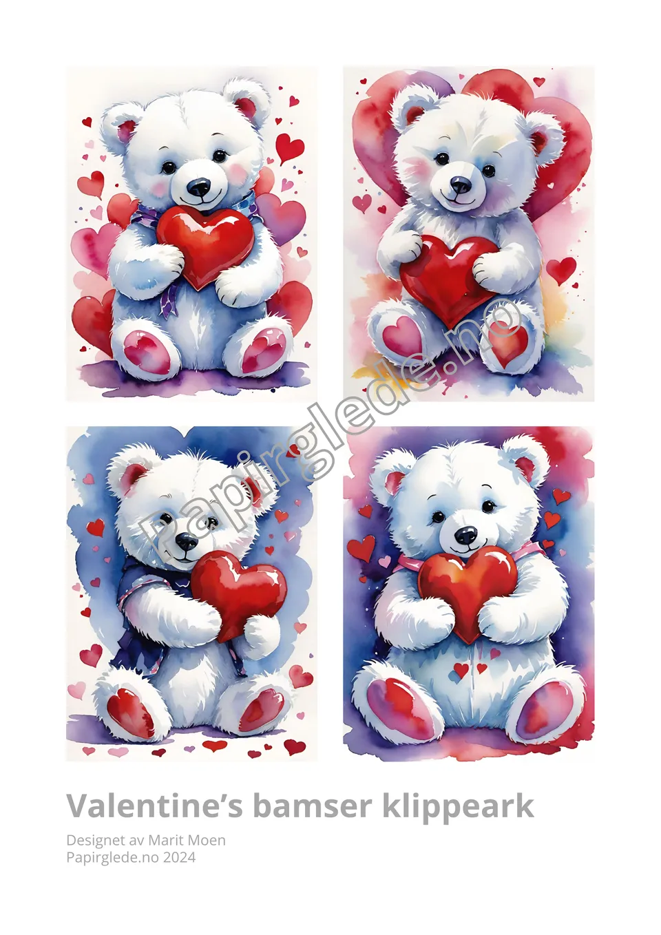 Papirglede Valentine bamser klippeark pdf A4