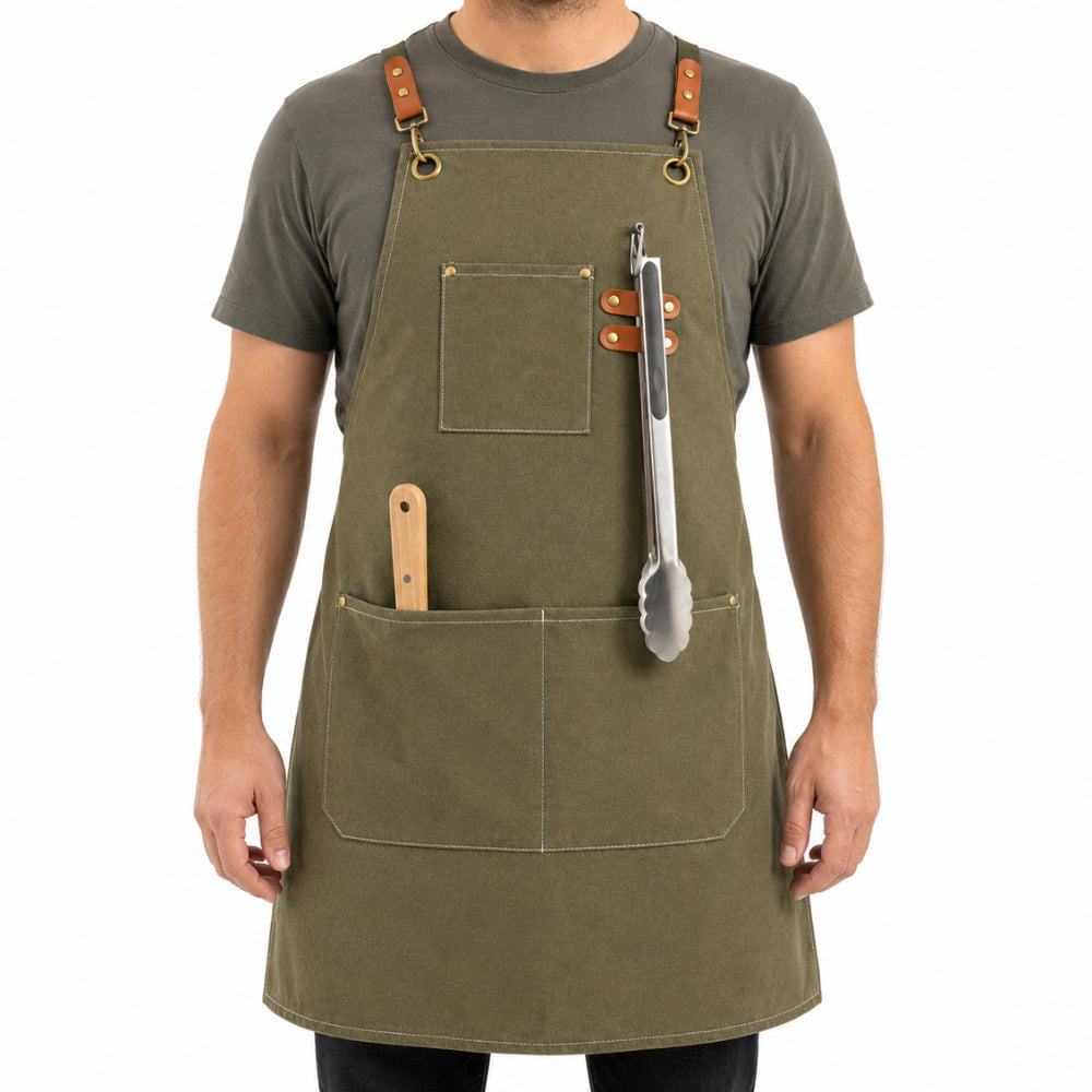 K&Co Canvas forkle herre khaki 3 lommer