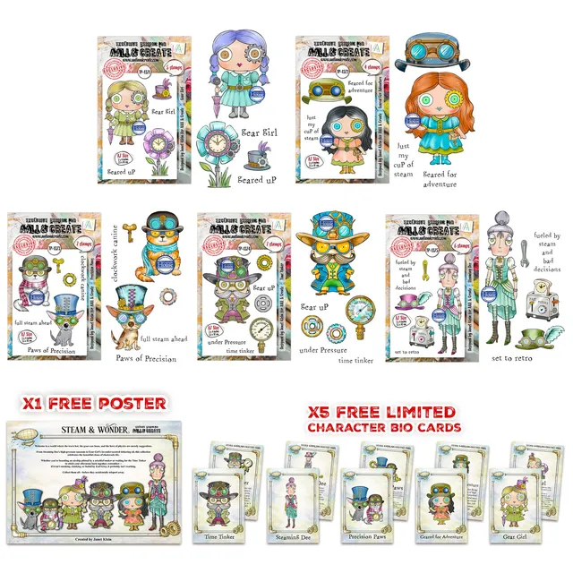 Janet Klein Steam & Wonder stempelbundle A7 – 5 sett + plakat
