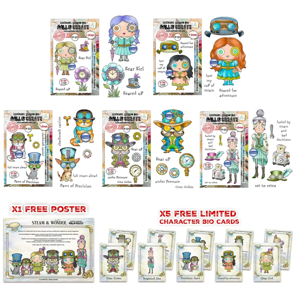 Janet Klein Steam & Wonder stempelbundle A7 – 5 sett + plakat