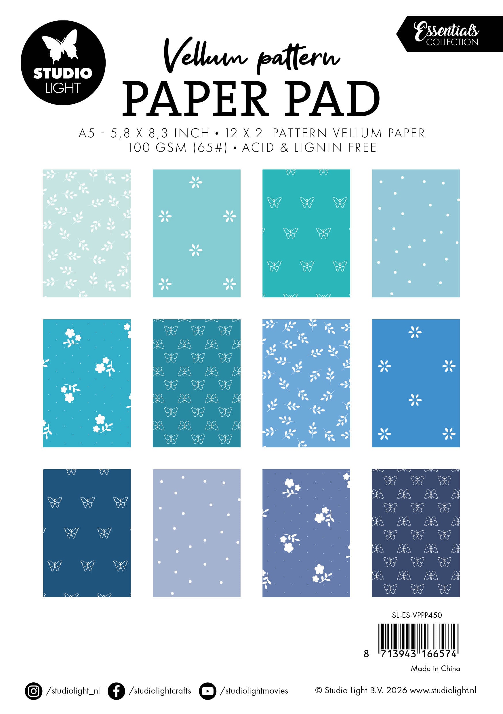 Studio Light Essentials Spring Blue Print vellumblokk blå