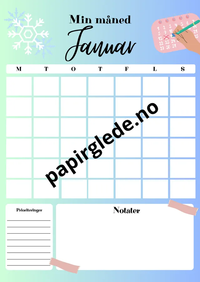 Papirglede Min måned årskalender A4 blå-grønn 12 ark