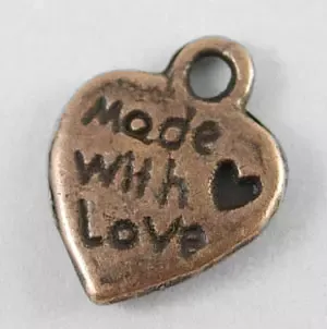 Korthobby kobber hjerte metallpynt made with love