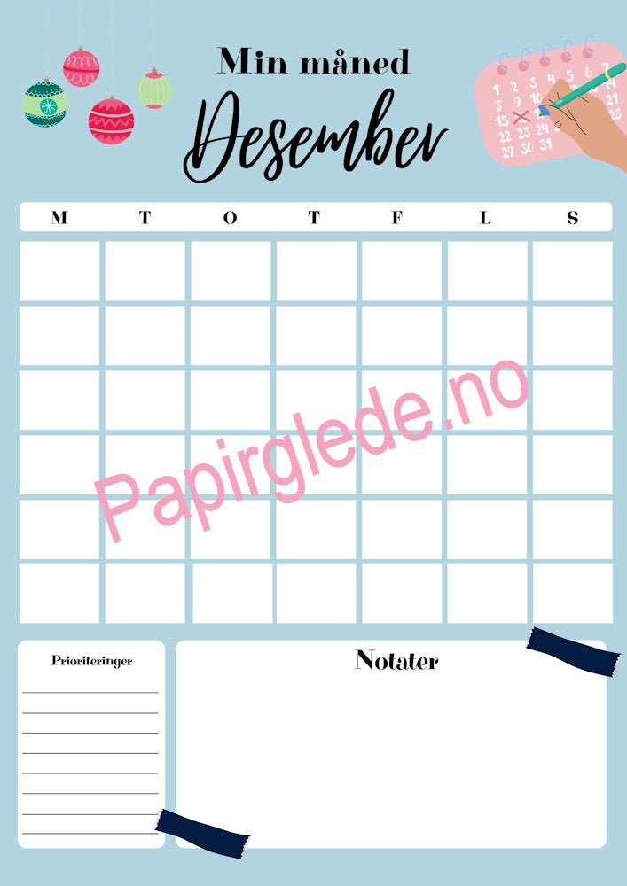 Papirglede Min måned årskalender A4 pdf blå