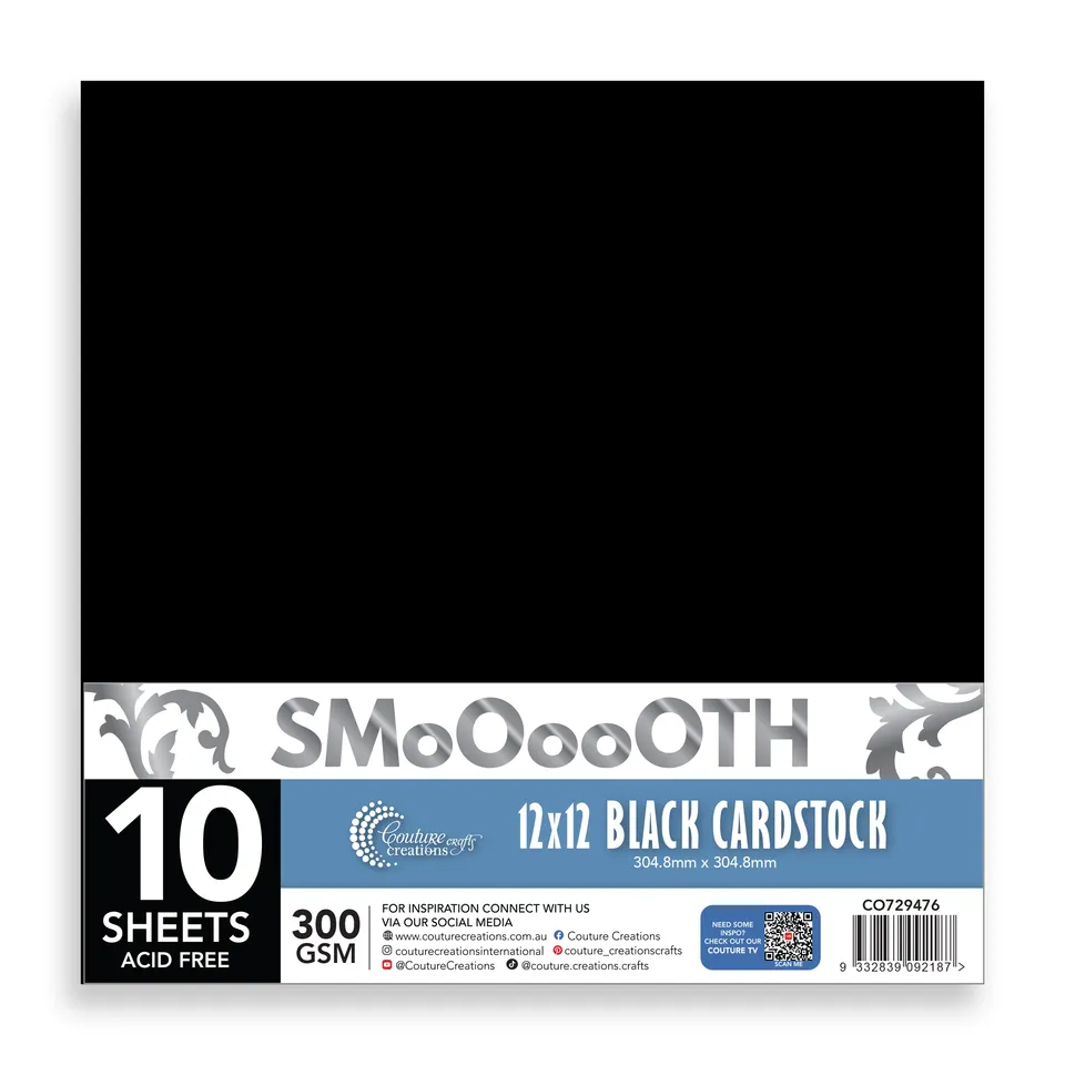 Couture Creations kartong 12x12 svart glatt 10 ark 300 g