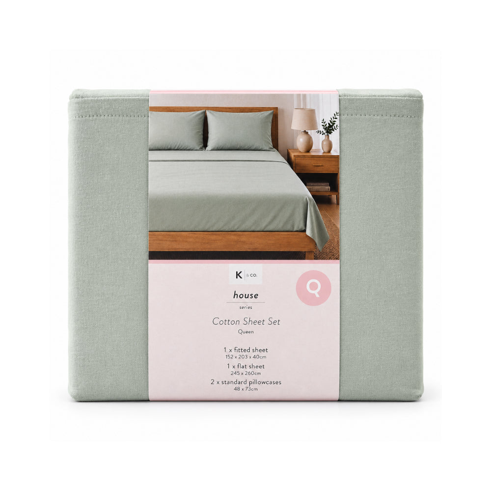 K&Co. House Series Cotton Sheet Set sengetøysett Queen sage bomull