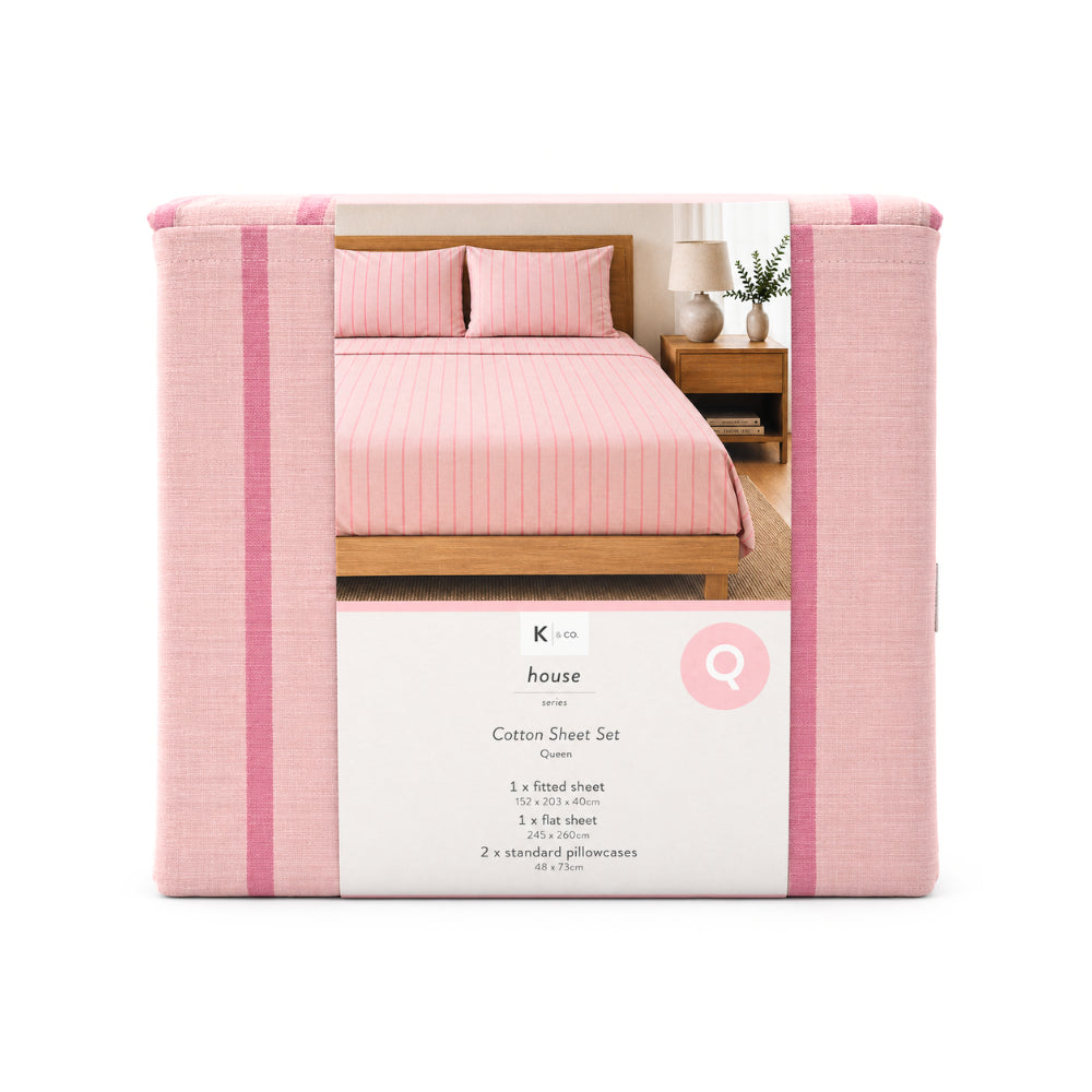 K&Co. House Queen sengesett bomull rosa striper
