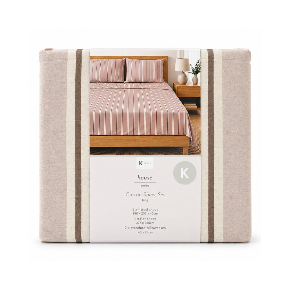 K&Co. House Cotton Sheet Set King lakenesett latte stripe