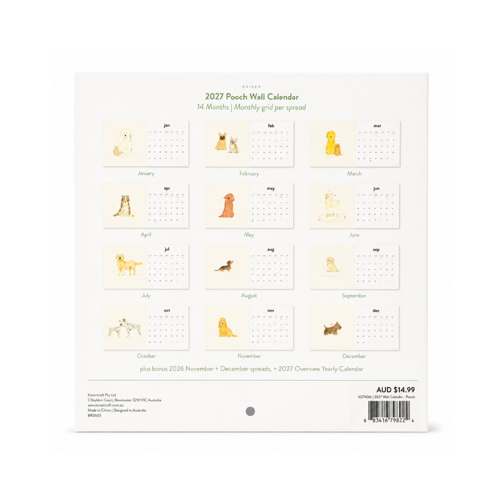 KaiserCraft Pooch veggkalender 2027 14 måneder hundemotiv