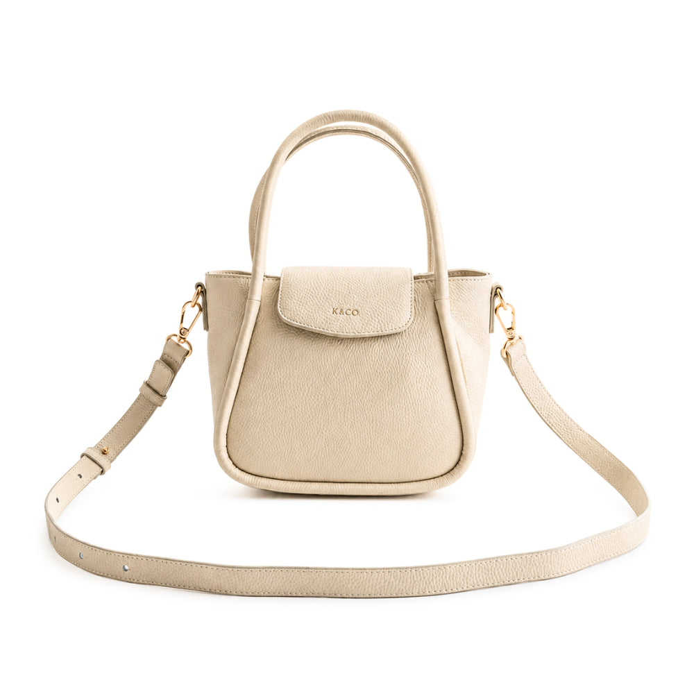 K&Co. Flapover Mini Tote veske beige ekte skinn