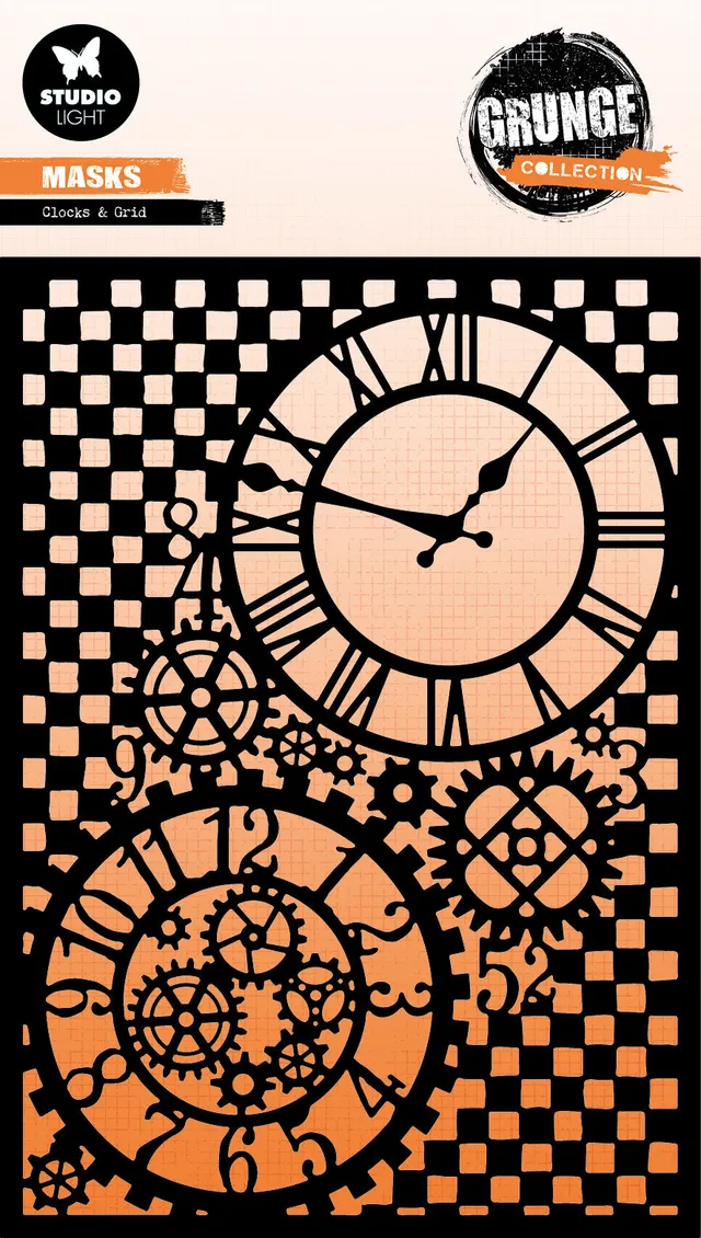 Studio Light Grunge Clocks & Grid sjablong A5 med klokker