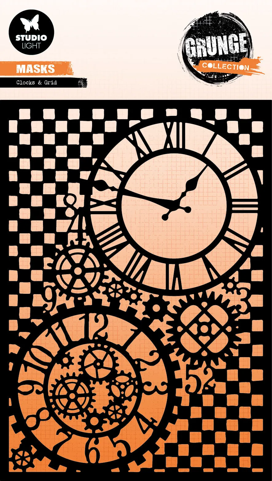 Studio Light Grunge Clocks & Grid sjablong A5 med klokker