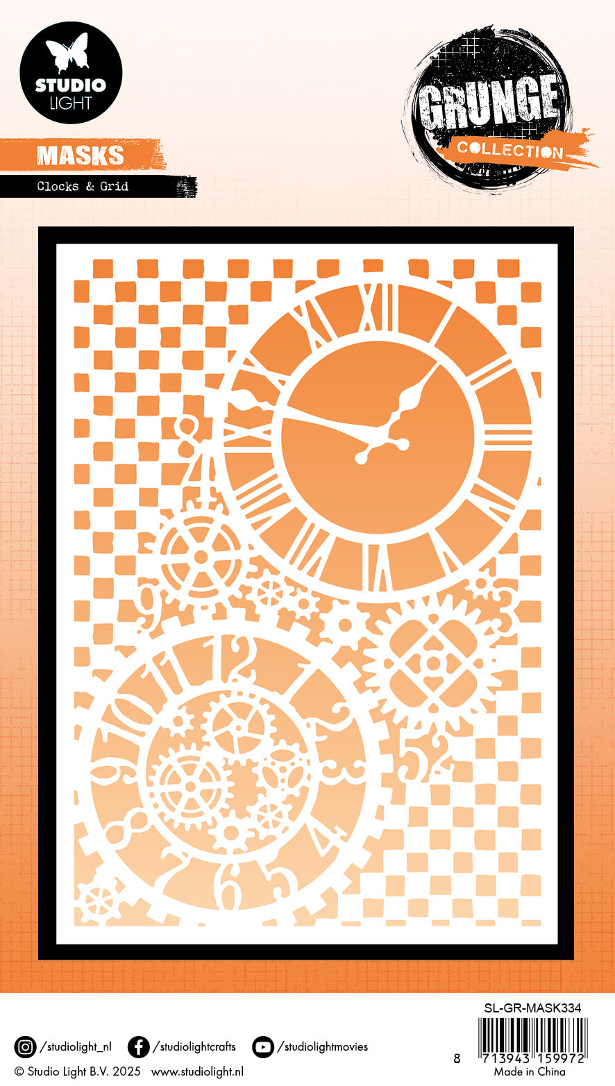 Studio Light Grunge Clocks & Grid sjablong A5 med klokker