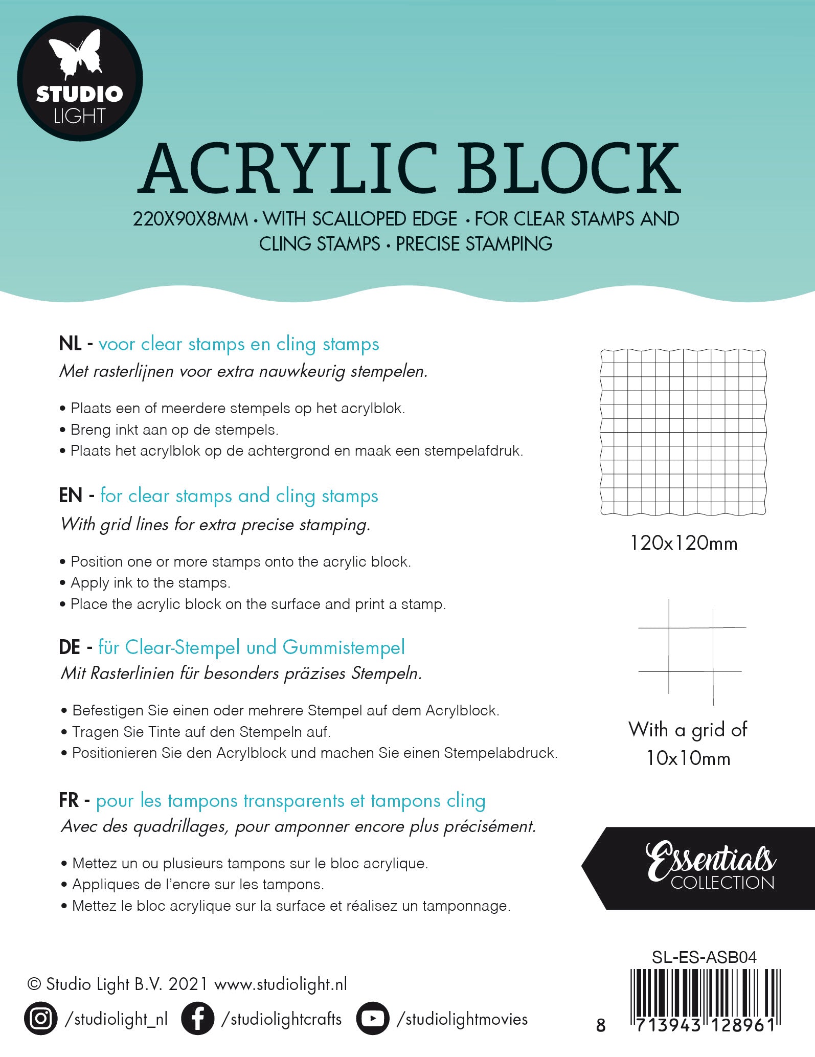 Studio Light Essentials akryl stempelblokk 120x120mm med rutenett
