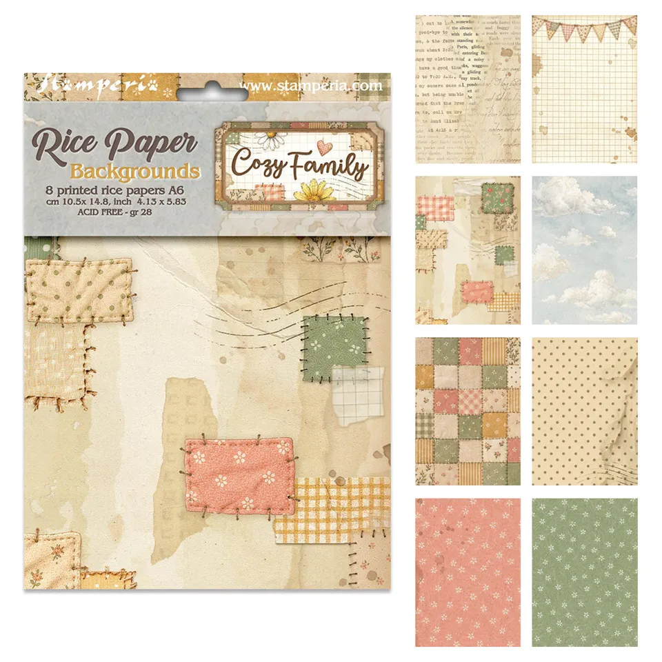 Stamperia Cozy Family rispapir A6 bakgrunner 8 stk