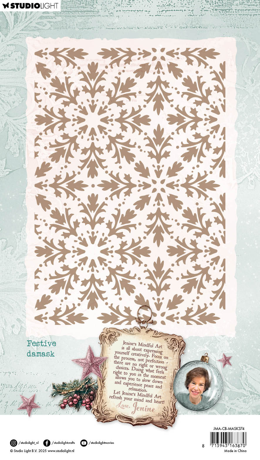 Studio Light Jenine's Mindful Art Christmas Blush sjablong Festive damask A5