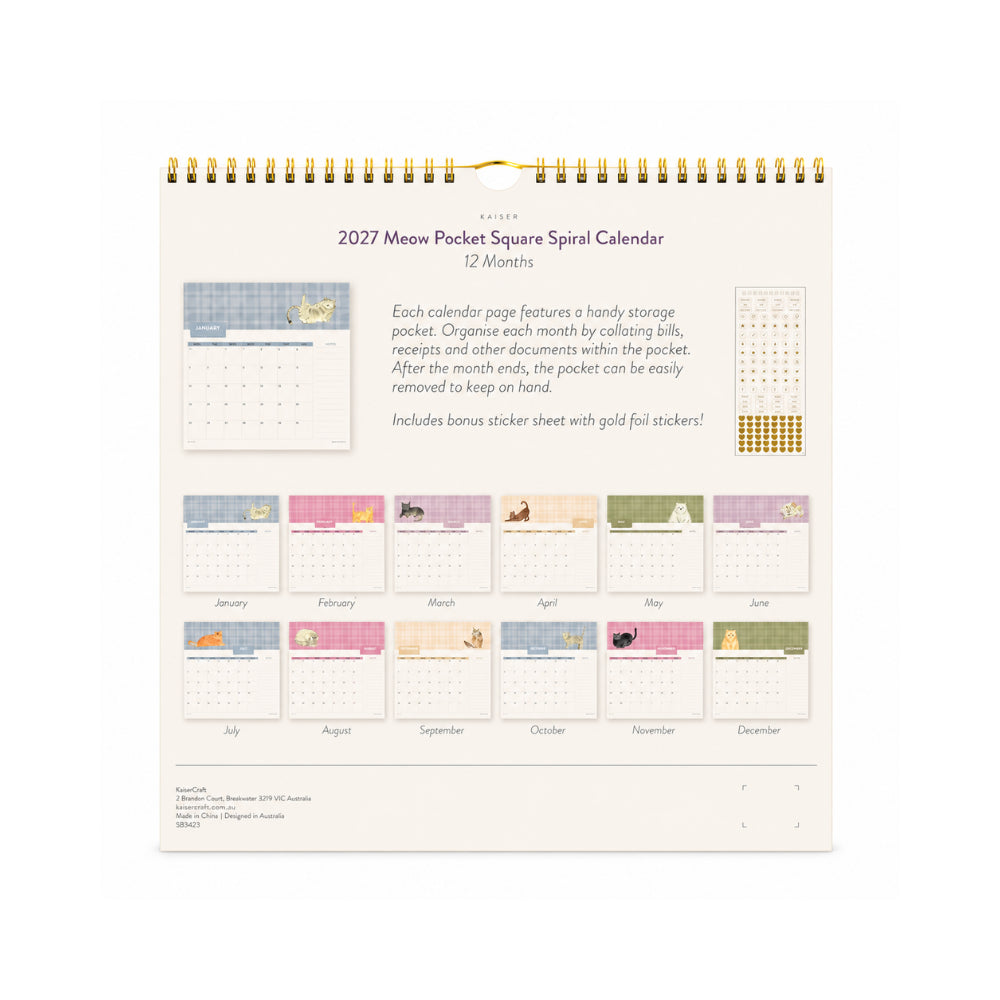 KaiserCraft Pocket Square 2027 lommekalender MEOW med lommer
