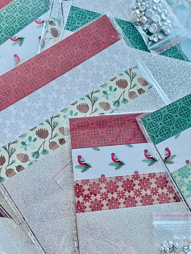 Papirglede julekortsett rød/grønn sølv 6x6 kit glitter