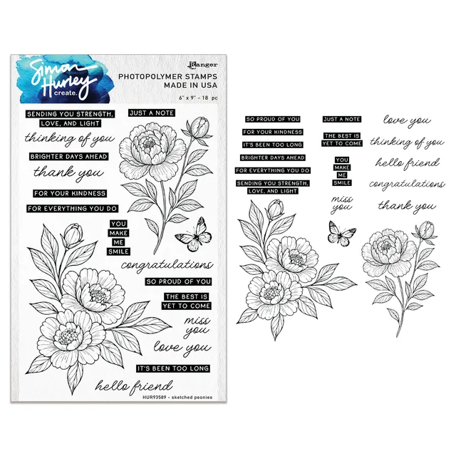 Simon Hurley Sketched Peonies stempel 6x9 fotopolymer