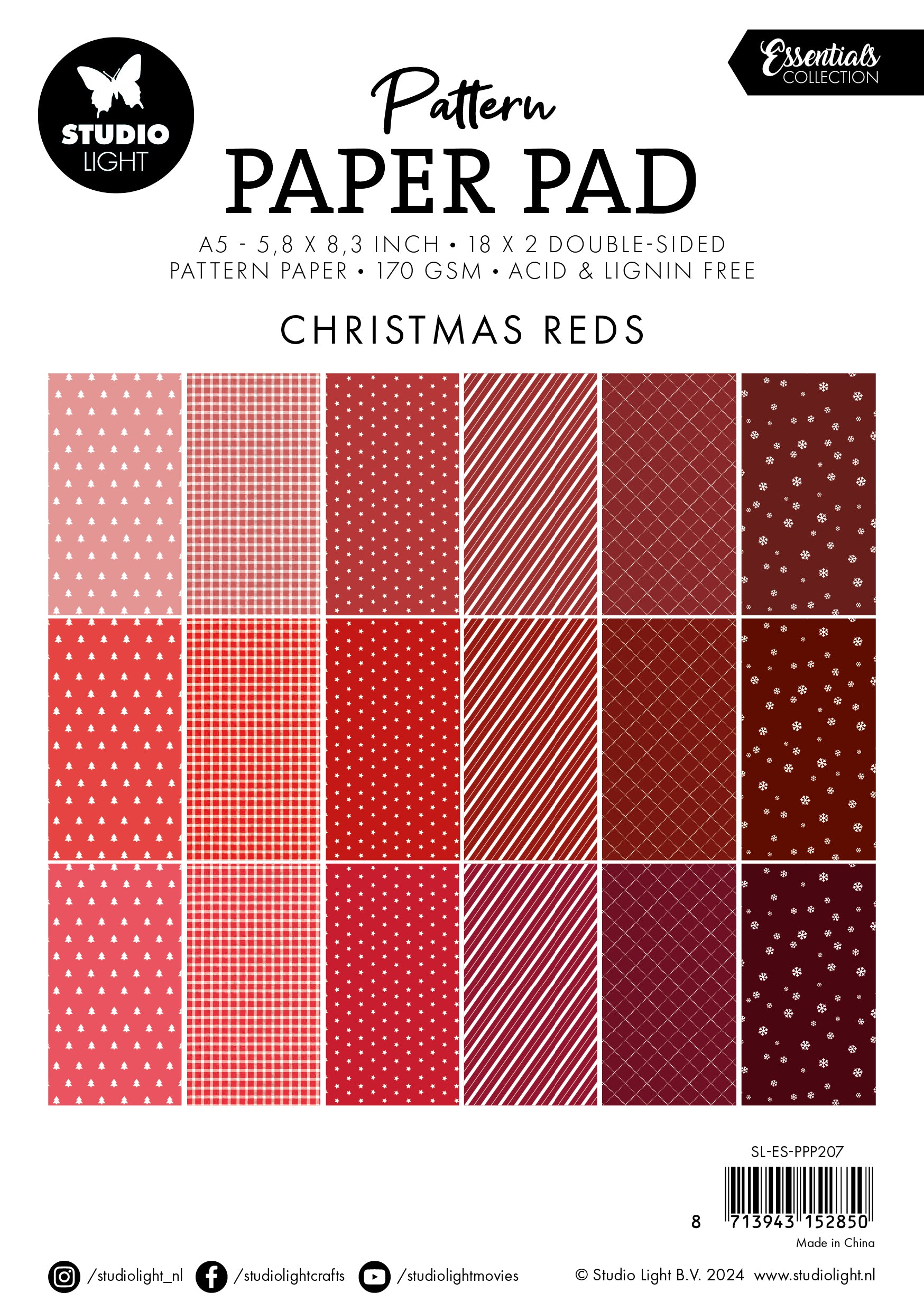 Studio Light Essentials Christmas Reds mønsterpapir A5 36 ark