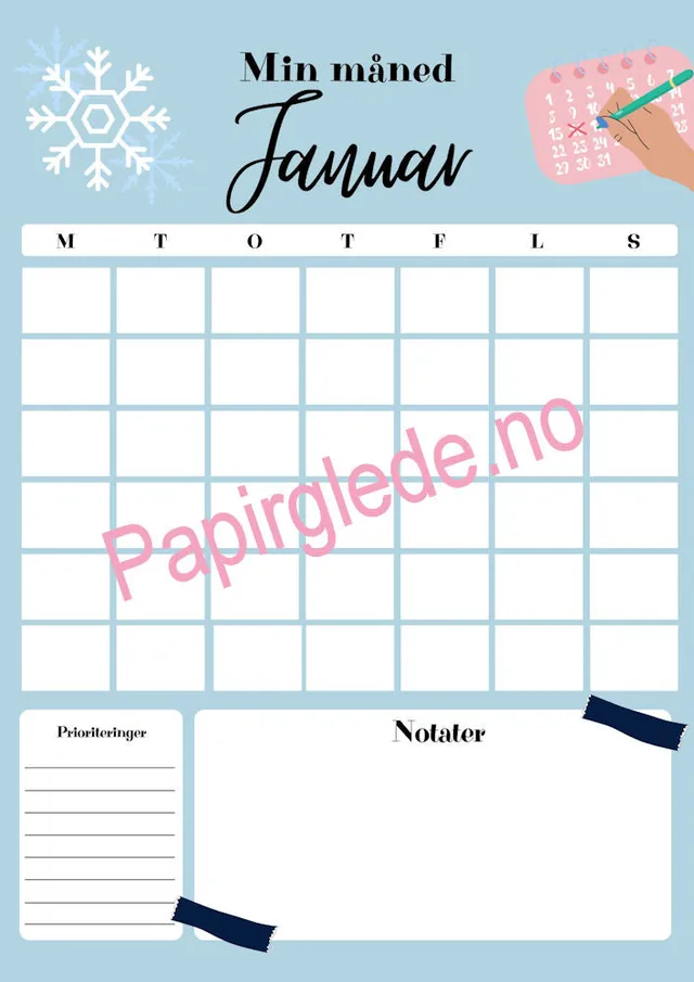Papirglede Min måned årskalender A4 pdf blå