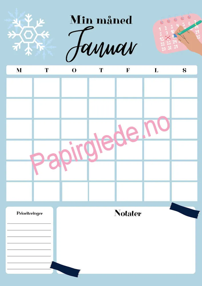 Papirglede Min måned årskalender A4 pdf blå