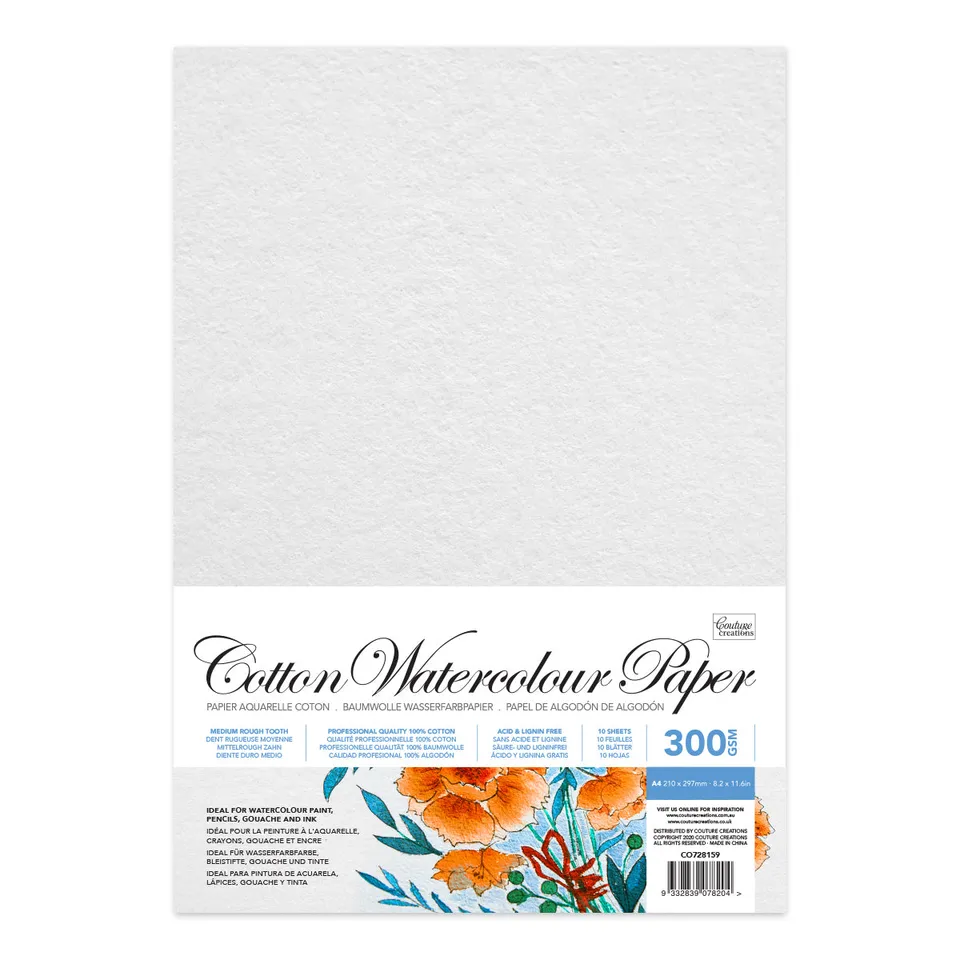 Couture Creations Cotton akvarellpapir A4 300 gsm 10 ark bomull