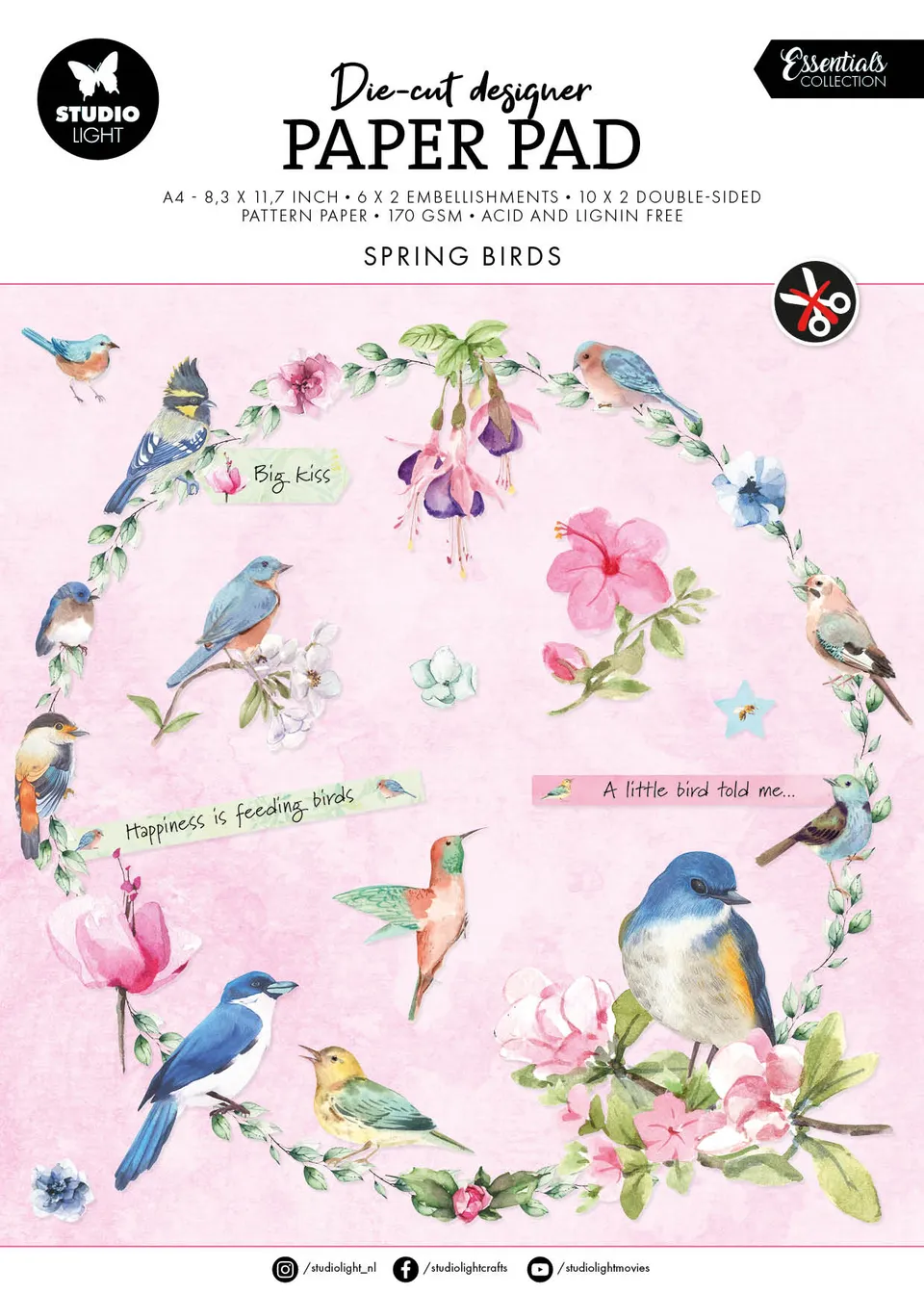 Studio Light Essentials papirblokk spring birds dieskutt A4