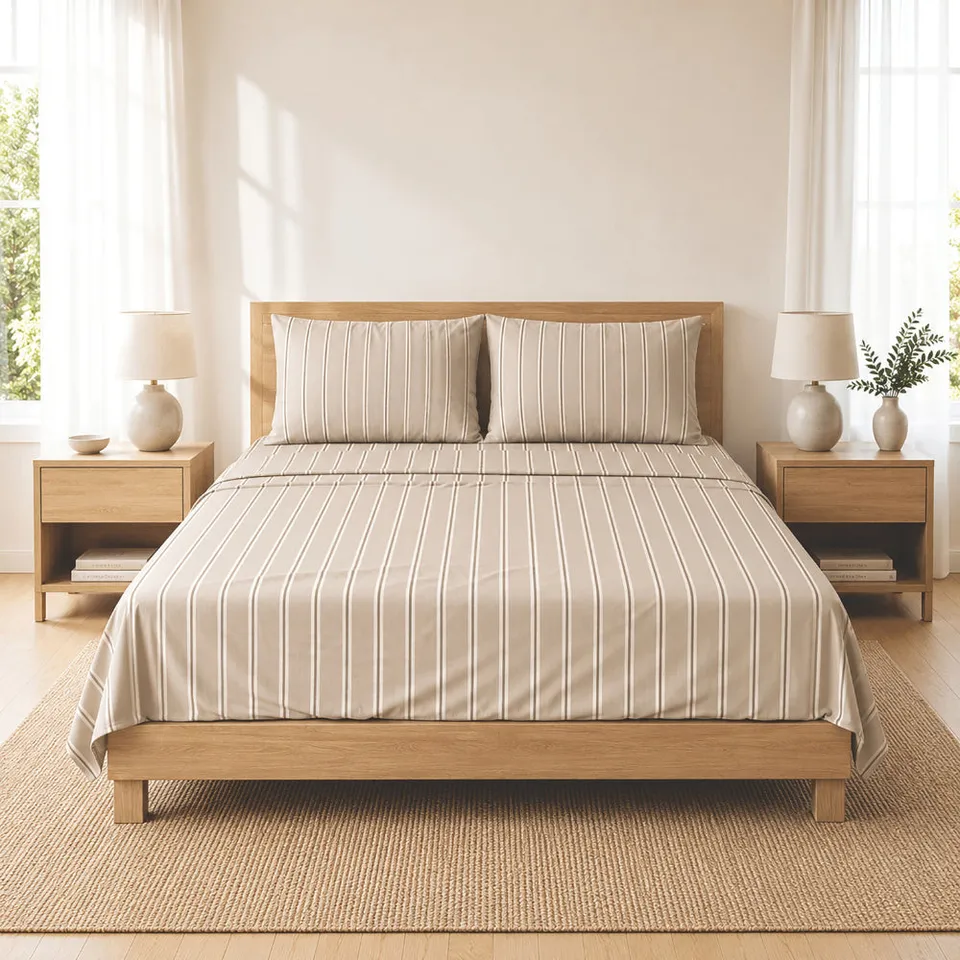 K&Co. House Cotton Sheet Set King lakenesett latte stripe