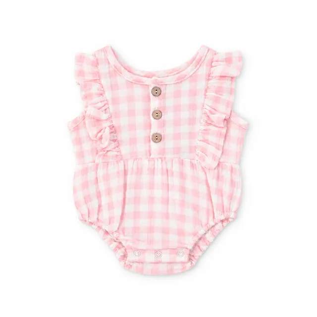 KaiserCraft Salty Toes Frilled Muslin Romper romper rosa gingham bomull