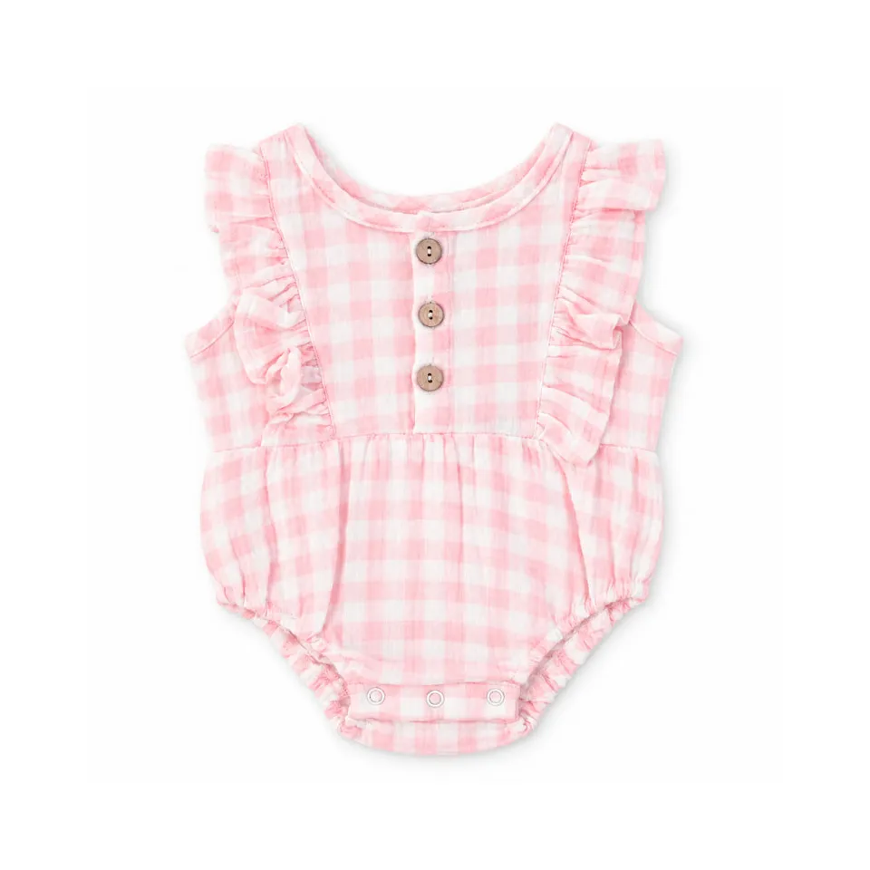 KaiserCraft Salty Toes Frilled Muslin Romper romper rosa gingham bomull